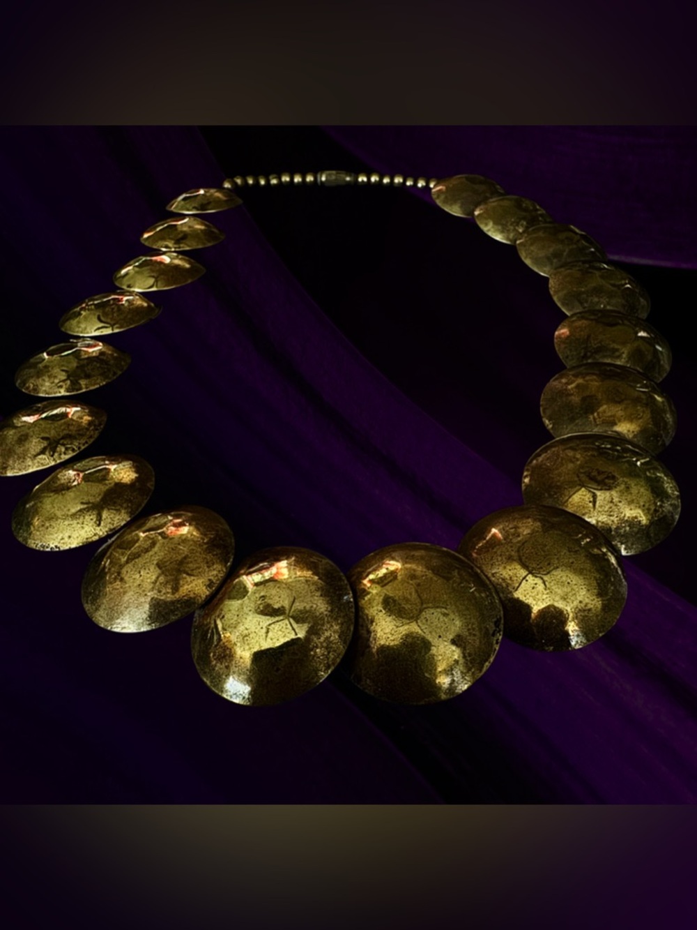 Vintage Brass Statement Necklace Hammered Disc Collar Boho Artisan Bold